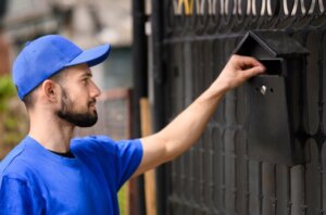 Repartidor de Correos colocando correspondencia en un buzón