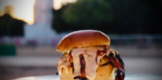 Hamburguesa gourmet con ingredientes frescos y salsas