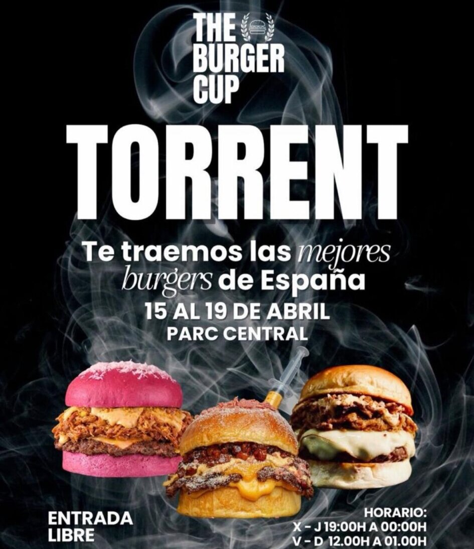 Cartel del evento The Burger Cup en Torrent con hamburguesas gourmet