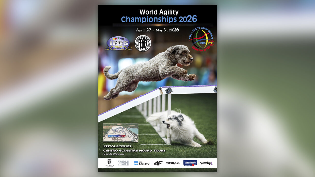 Cartel del Campeonato Mundial de Agility 2026 en Godella con perros compitiendo.