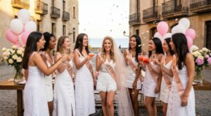 Grupo de amigas celebrando una despedida de soltera con bebidas y decoraciones