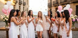 Grupo de amigas celebrando una despedida de soltera con bebidas y decoraciones