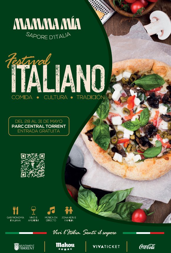Cartel del festival Mamma Mia con pizza y vegetales frescos