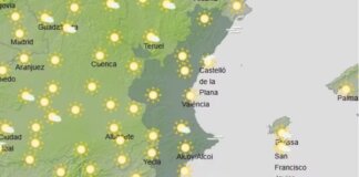 Mapa meteorológico con sol y temperaturas cálidas en Valencia