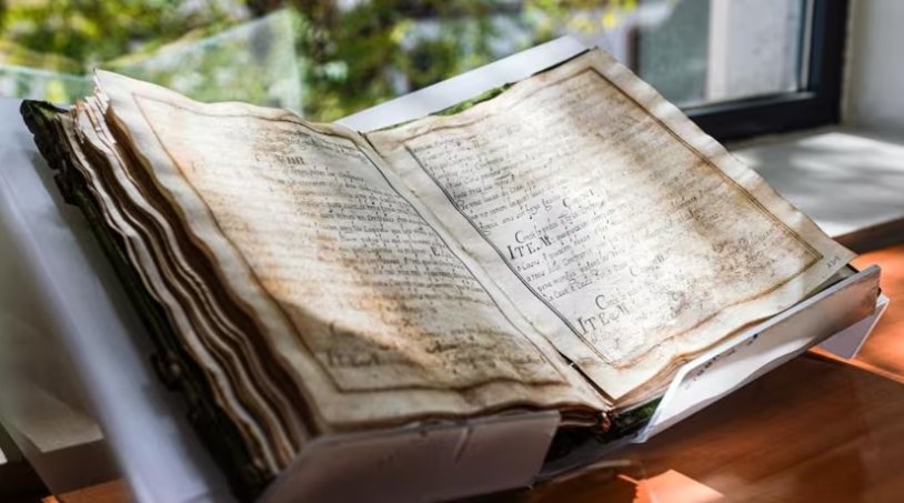 Manuscrito antiguo del siglo XVII abierto sobre una mesa