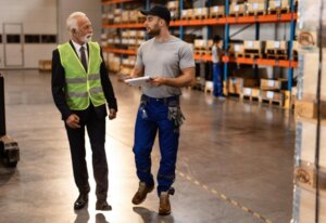 Dos operarios conversando en un almacén con estanterías de productos
