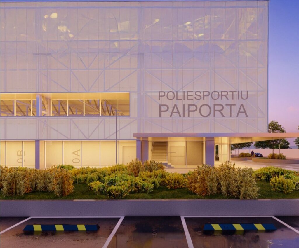 Vista exterior del nuevo pabellón polideportivo de Paiporta al atardecer