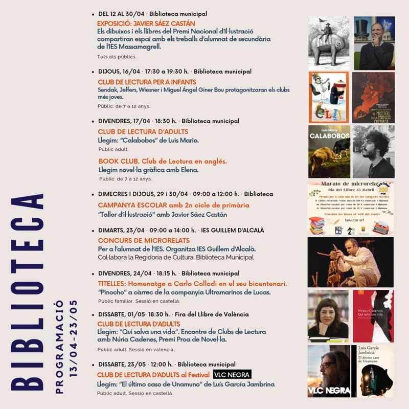 Cartel de programación de la biblioteca municipal para abril de 2026