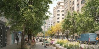 Renderizado del proyecto de reforma en la plaza de Sant Agustí con árboles y espacios peatonales