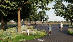 Vista de la nueva plaza de San Sebastián con áreas verdes y caminos