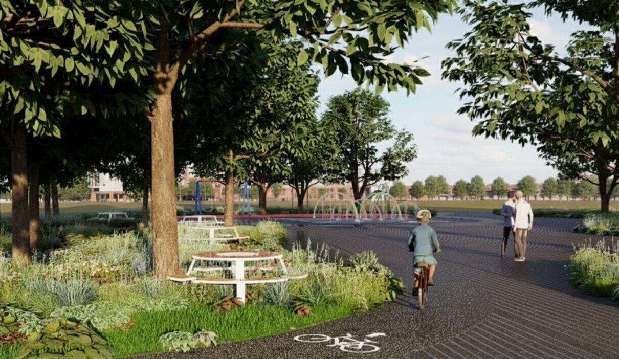 Vista de la nueva plaza de San Sebastián con áreas verdes y caminos