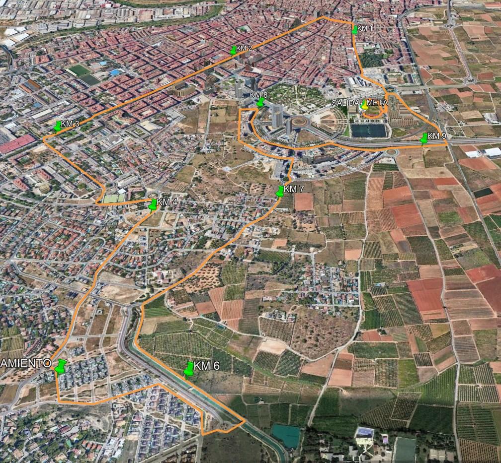 Mapa del recorrido de la 10K Ciutat de Torrent con kilómetros marcados