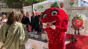 Evento de reparto de fresas de Huelva en Valencia con un personaje disfrazado.
