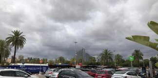 Cielo nublado con palmeras y coches en un aparcamiento