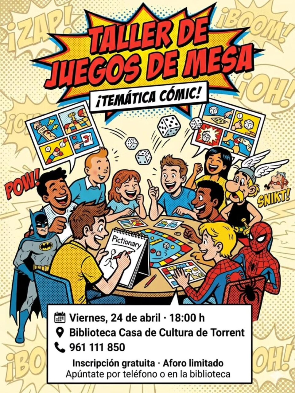Grupo de jóvenes participando en un taller de juegos de mesa con temática cómic.