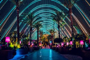 Interior del Umbracle con luces de colores y palmeras
