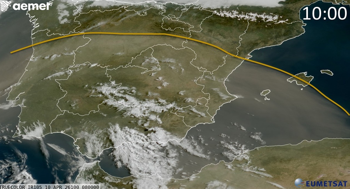 Imagen satelital mostrando la intrusión de polvo sahariano en Valencia