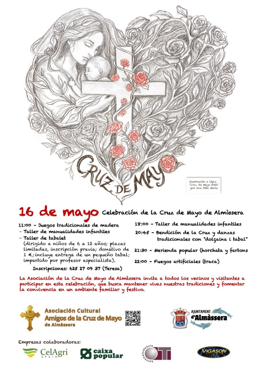 Cartel de la celebración de la Cruz de Mayo en Almàssera con actividades familiares.