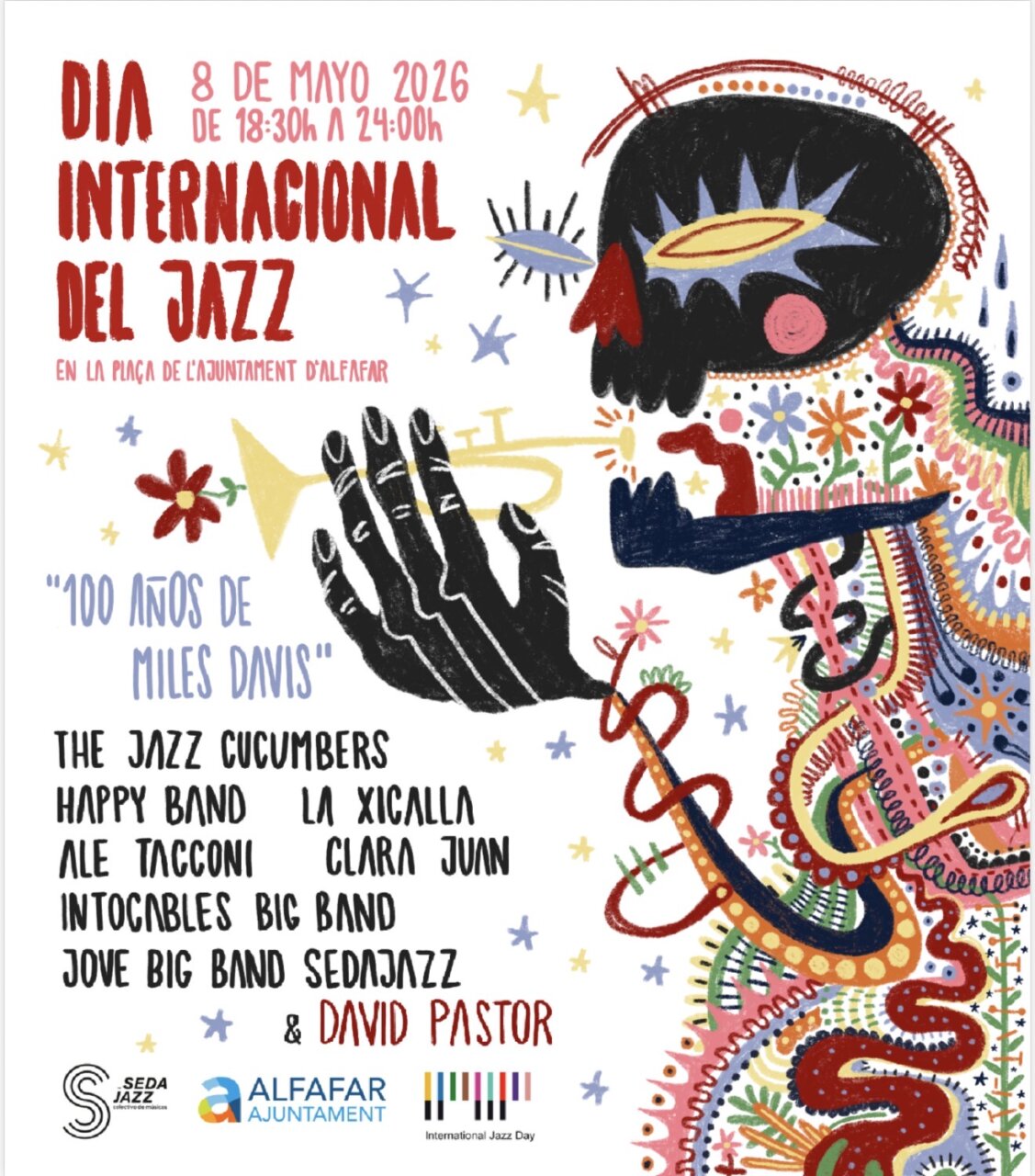 Cartel del Día Internacional del Jazz en Alfafar con artistas destacados.
