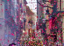 El tapís floral de la Mare de Déu dels Desemparats commemora enguany el 325 aniversari de les pintures de la basílica Procesión de la Mare de Déu dels Desemparats con pétalos de flores en el aire.
