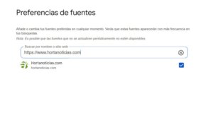 Interfaz de preferencias de fuentes en Google mostrando Hortanoticias