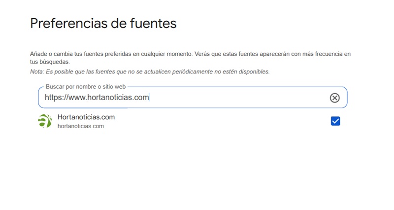 Interfaz de preferencias de fuentes en Google mostrando Hortanoticias
