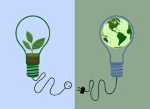 Hidrógeno verde en España impulsa la transición energética Ilustración de bombillas con plantas y el planeta Tierra