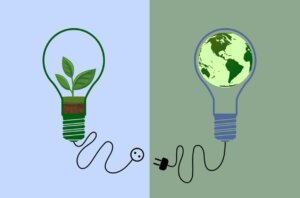 Ilustración de bombillas con plantas y el planeta Tierra