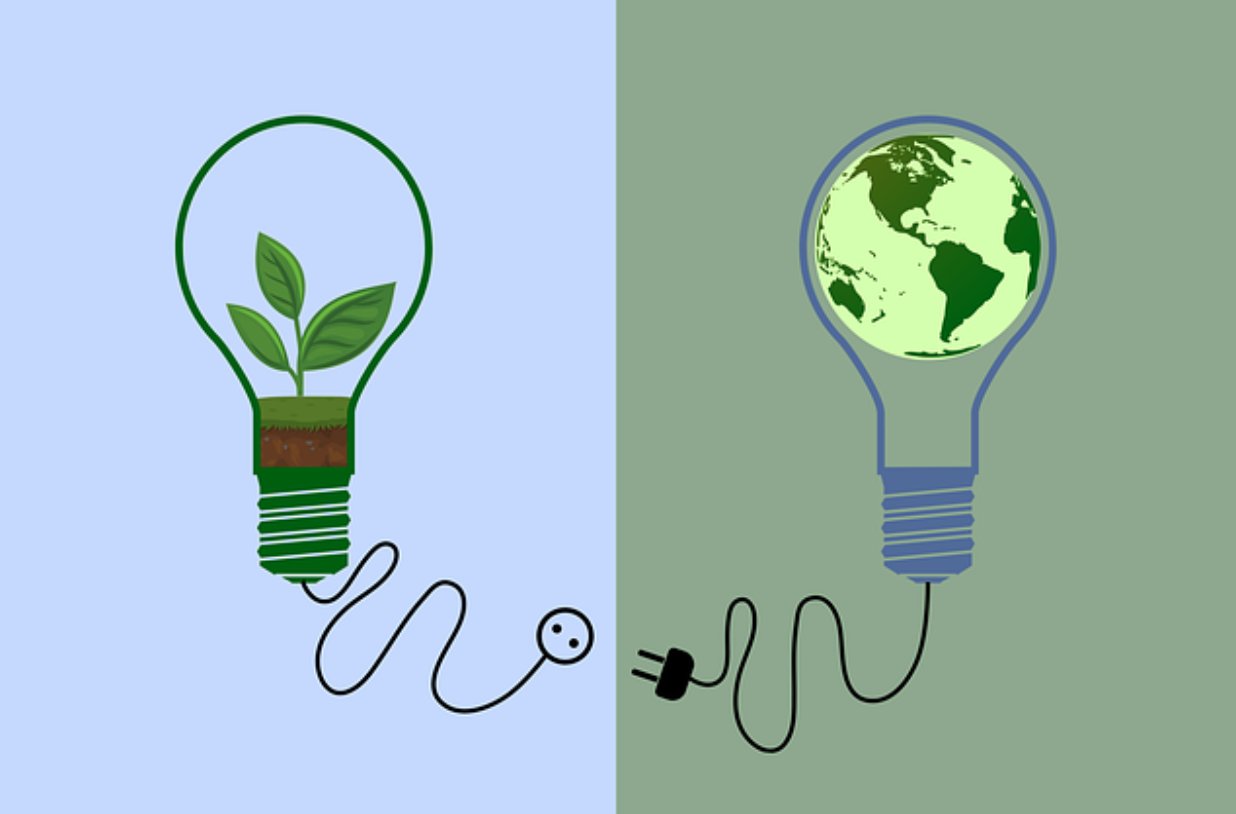 Ilustración de bombillas con plantas y el planeta Tierra