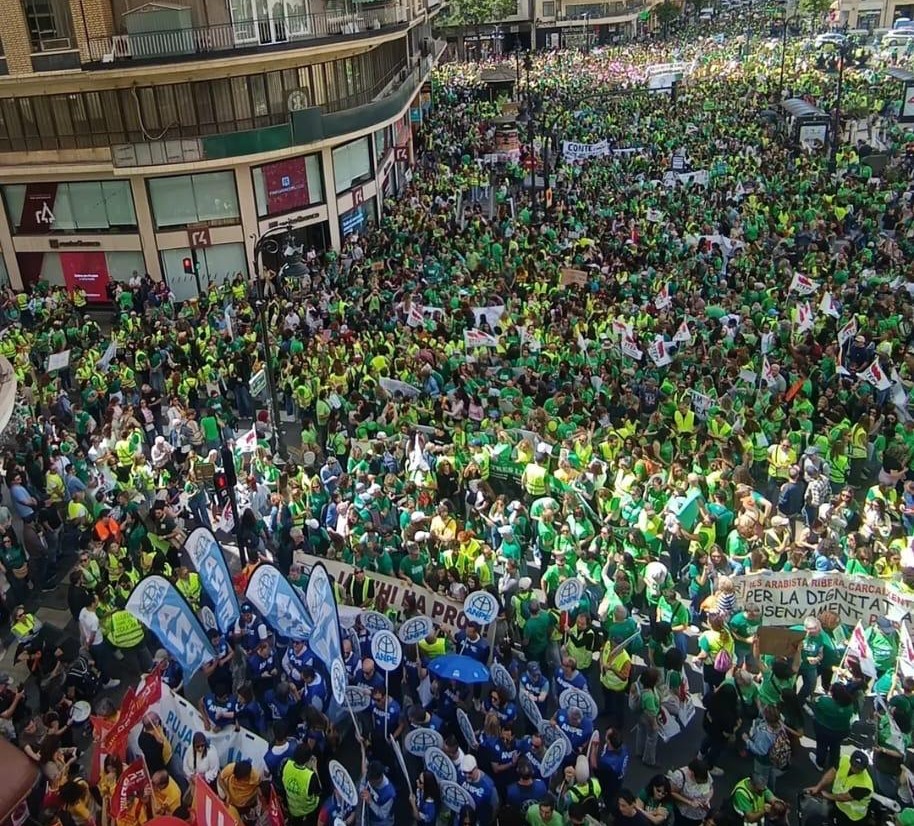 Multitudinaria manifestación de docentes en Valencia con pancartas y banderas.