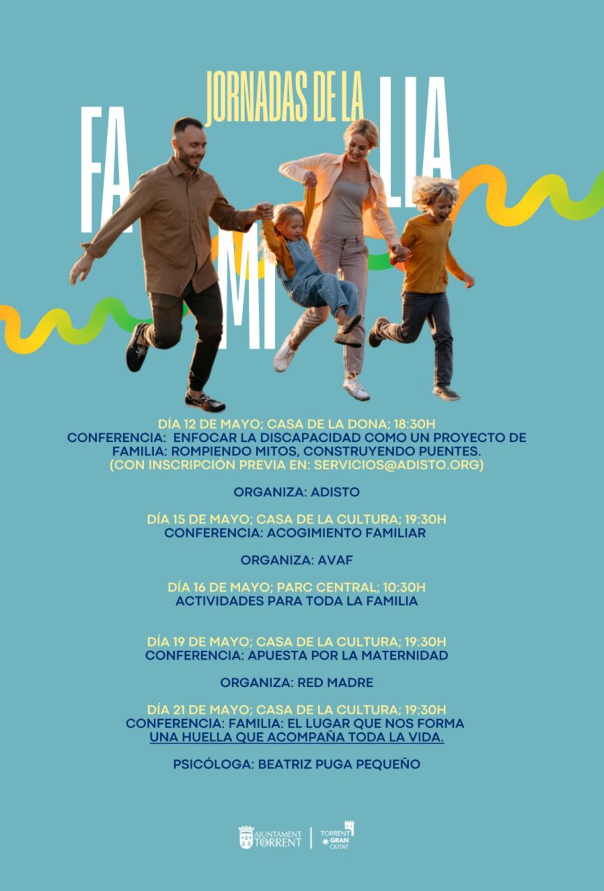 Cartel de las Jornadas de la Familia en Torrent con actividades y conferencias.