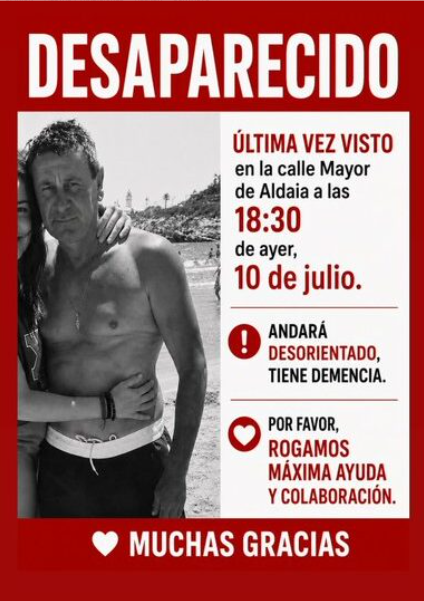 Dispositivo de búsqueda urgente para localizar a Pedro Notario, un vecino del Barrio del Cristo desaparecido en Aldaia